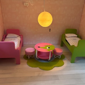 Lundby original bedroom set/bunk bed for teenage with one table and two stools and rug to dollhouse