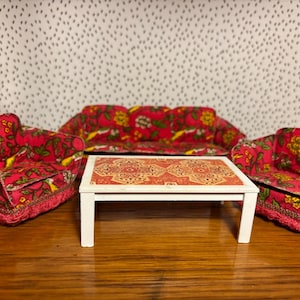 Vintage Lundby furniture sofa and two armchairs with a table