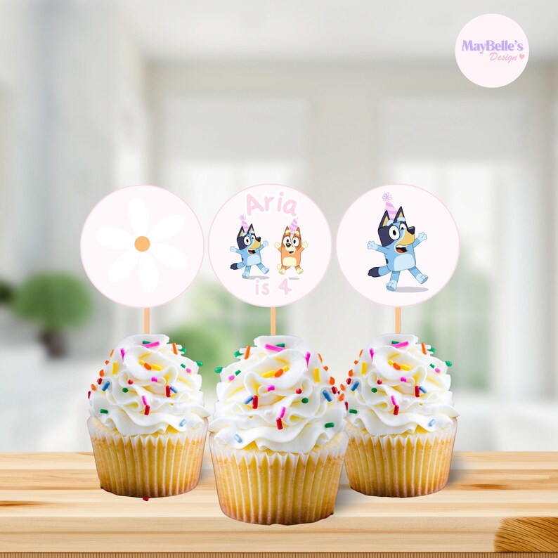 Bluey Birthday Party Cupcake Toppers / Stickers - Pink, Rainbow and ...