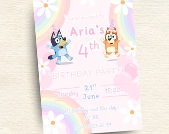 May include: A rectangular birthday party invitation card with a light pink background featuring white daisies, pastel rainbows, and pink balloons. Two cartoon dogs wearing party hats are centered with text reading: You're invited to Aria's 4th BIRTHDAY PARTY!