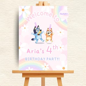 Bluey Geburtstagsfeier Willkommensschild - Pastellrosa, Regenbogen und Gänseblümchen, editierbares Bluey und Bingo Poster. Downloade und drucke dir Canva.