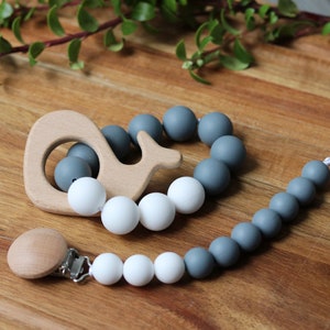 Silicone pacifier clip and toy gift set | binky clip | baby shower gift | baby toy | gray + white