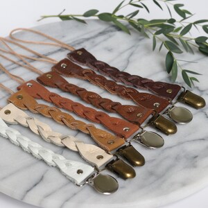Genuine leather pacifier clip | braided leather binky clip | baby shower gift | antique brass | silver clip
