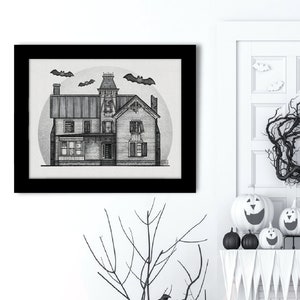 Haunted Farmhouse, Black and White, Spooky Halloween House Wall Art Decor, Digital Watercolor Illustration, Physical Print, 11”x14” UNFRAMED
