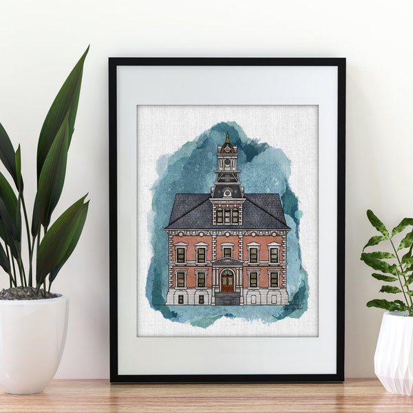 Macomb Historical Building, Architectural Digital Watercolor Illustration, Courthouse, Physical Print, Available in Multiple Sizes, UNFRAMED