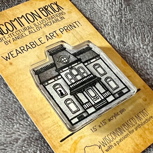 Psycho Bates House, Architecture Acrylic Pin, Digital Watercolor Illustration, Wearable Art Print, Lapel Jacket Jewelry Accessory