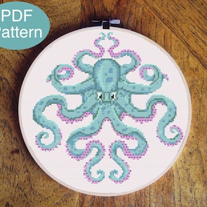 Octopus Cross Stitch Pattern - Green and Purple Cute Animal Summer Design (Digital Download - PDF)