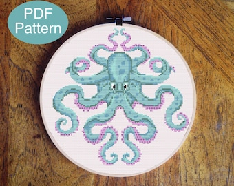 Octopus Cross Stitch Pattern – Green and Purple Animal (PDF Download
