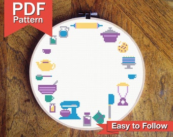 Baking Tools Circle Border Cross Stitch Pattern (Digital Download - PDF)