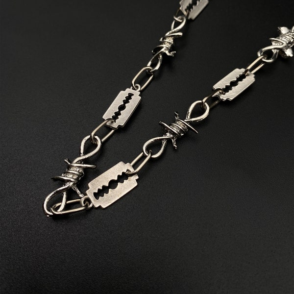 Chaîne avec lame de rasoir barbelé, ras de cou en fil de fer barbelé, chaîne gothique pour homme, collier de rasoir tendance, bijoux en fil de fer, cadeau Saint-Valentin