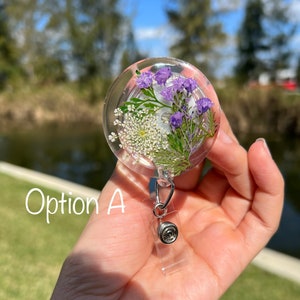 Pressed flower badge reels | Alligator clip badges | Retractable