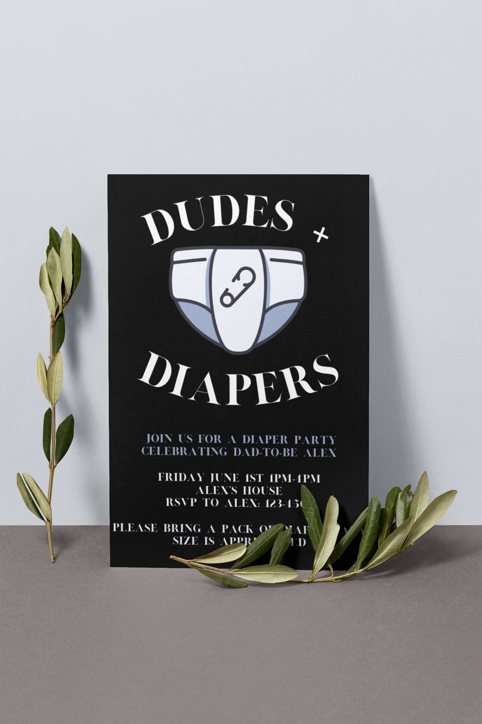Dudes and Diapers Diaper Party Invite Digital File, Neutral Diaper