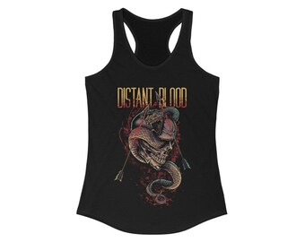 May include: Black tank top with a graphic of a skull with a snake wrapped around it. The text "DISTANT BLOOD" is above the skull.