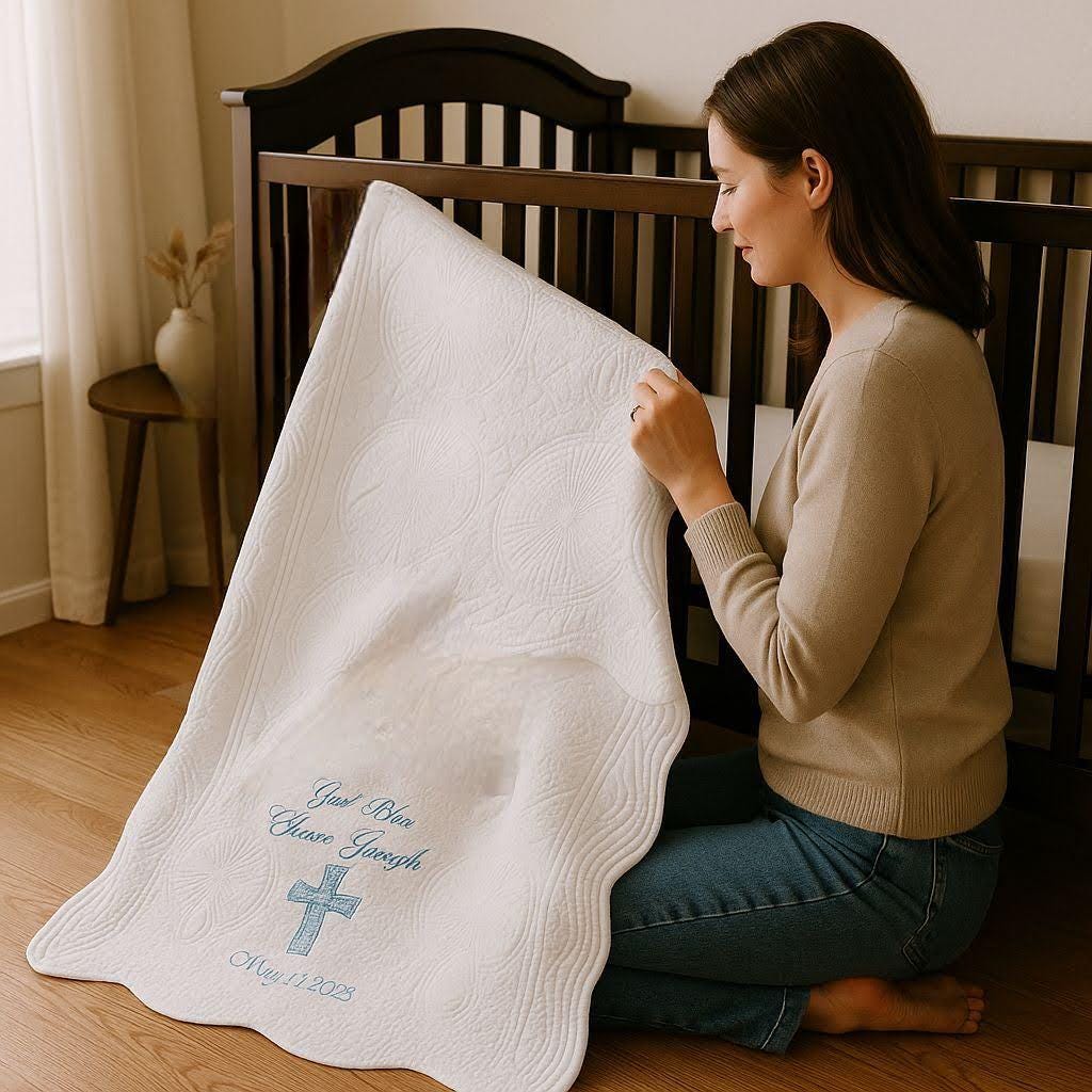 Personalized Baptism Blanket with Embroidered Cross - Thumbnail 3