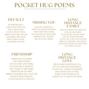 May include: A printable sheet of pocket hug poems with titles like "Default", "Missing You", "Long Distance Family", "Friendship", and "Long Distance Love". The poems are written in a gold font on a white background.
