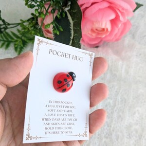 May include: A small red ladybug charm with black spots on a white card with the text "Pocket Hug" and a poem about a hug in your pocket.