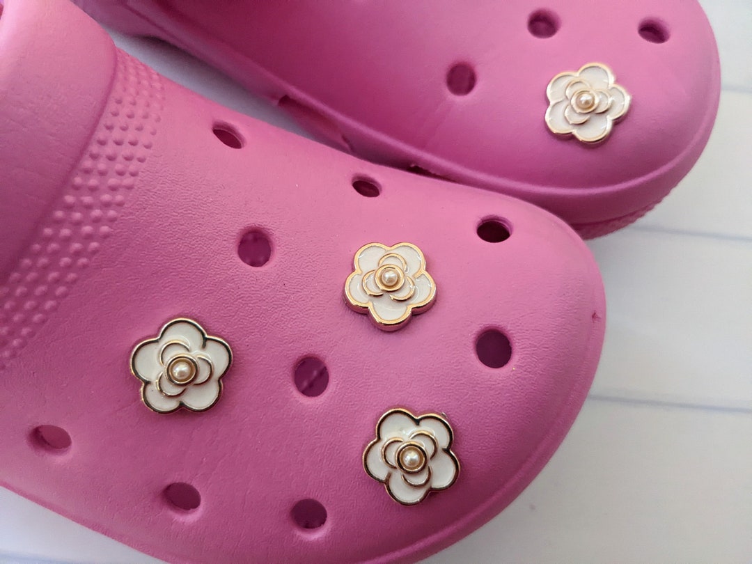 White Flower Shoe Charm for Crocs, Croc Charm Flower, White and Gold