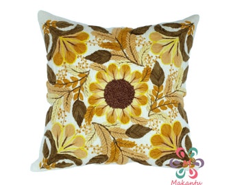 Funda de almohada marfil natural con girasoles amarillos, funda de cojín bordado, almohada cuadrada, hecho a mano, cojín floral étnico, decoración del hogar