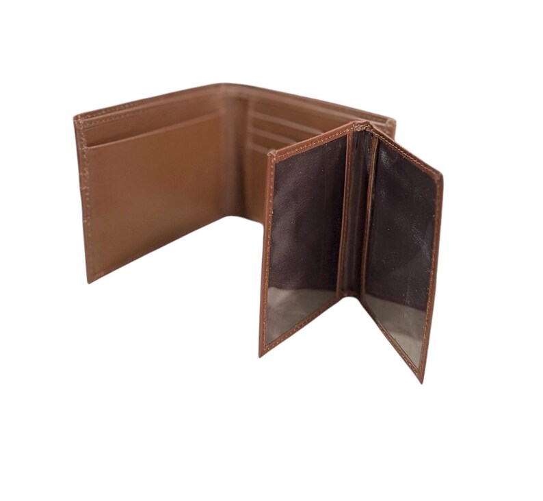 May include: A brown leather wallet with multiple compartments and folds.