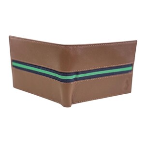 May include: A brown leather wallet with a green and black striped detail.