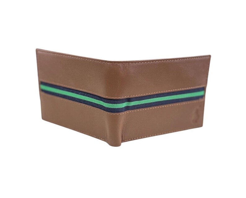 May include: A brown leather wallet with a green and black striped detail.