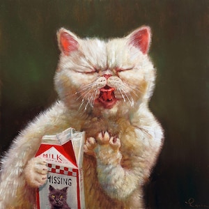 Sour Milk by Lucia Heffernan, Cat Art, Whimsical Animal Wall Decor, Gift for Cat Lover, Cartoon Art