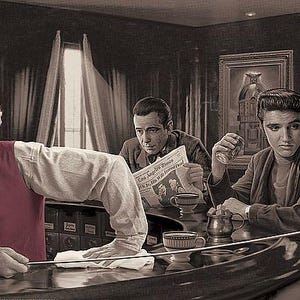 May include: A vintage-style espresso machine with gold accents, a man in a vest and a woman in a pink dress are in the background.