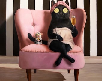 Pamper Party by Lucia Heffernan, Cute Cat Art, Whimsical Animal Wall Decor, Gift for Cat Lover, Cartoon Cat Art