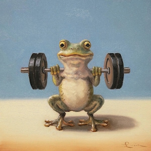 Gym Frog Back Squat by Lucia Heffernan, Frog Art, Whimsical Animal Wall Decor, Gift for Frog Lover, Cartoon Art