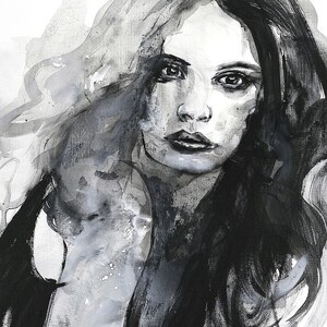 May include: A black and white portrait painting of a woman with long, dark hair. The woman is looking directly at the viewer with a serious expression. The painting is done in a loose, expressive style.