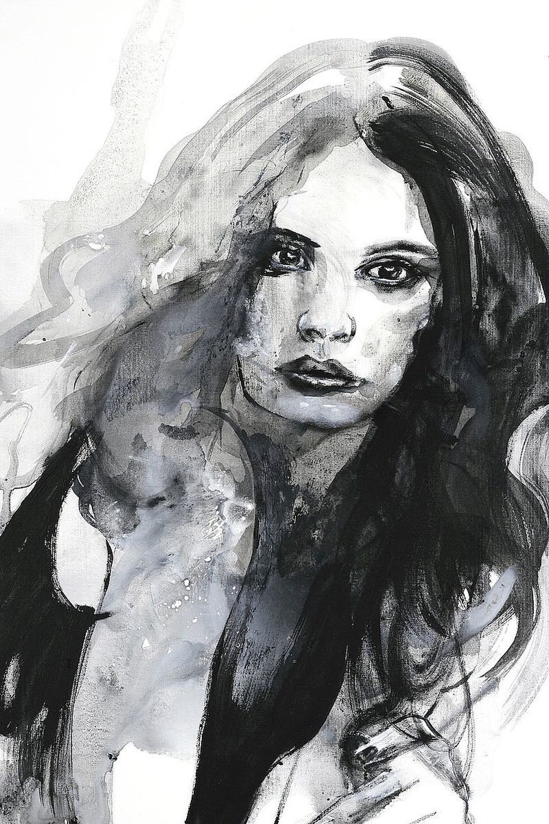 May include: A black and white portrait painting of a woman with long, dark hair. The woman is looking directly at the viewer with a serious expression. The painting is done in a loose, expressive style.