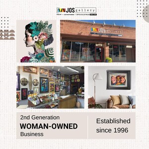 May include: A collage of images showcasing a woman-owned art gallery. The first image shows a colorful floral design with a woman's face. The second image shows the exterior of the gallery with the sign "MJOS gallery" above the entrance. The third image shows the interior of the gallery with a variety of framed artwork on the walls. The fourth image shows a framed artwork of three people with a lamp and a couch in the background. The text "2nd Generation WOMAN-OWNED Business" and "Established since 1996" is also included in the collage.