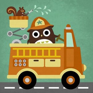 May include: A cartoon owl wearing a red and yellow firefighter hat drives a red and yellow fire truck. The truck has a ladder on the side and a water hose attached to the front. A squirrel with a red hat is holding the hose.
