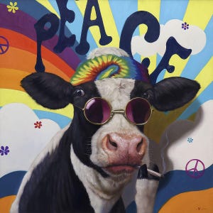 Grazing Daze by Lucia Heffernan, Funny Cow Art, Whimsical Animal Wall Decor, Gift for Cow Lover, Cartoon Cow Art