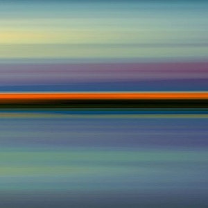 May include: Abstract art print with a blurred horizontal design of blue, purple, orange, and green colors. The colors are blended together to create a soft, dreamy effect.