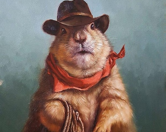 Underground Cowboy by Lucia Heffernan,  Ground Hog Art, Whimsical Animal Wall Decor, Gift for Ground Hog Lover, Cartoon Art