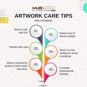 May include: Artwork care tips infographic with six steps for pre-framing artwork. The steps are: Store it cool and dry, Keep it out of direct sunlight, Handle with care, Store in a flat surface to avoid crumpling, Keep it covered to protect it from moist and dust, Consider professional framing.