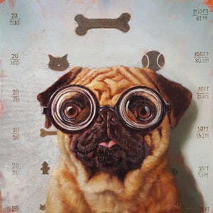 Canine Eye Exam by Lucia Heffernan, Pug Art, Whimsical Animal Wall Decor, Gift for Dog Lover, Cartoon Art