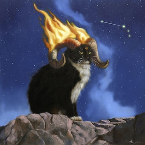 Aries by Lucia Heffernan, Cat Art, Whimsical Animal Wall Decor, Gift for Cat Lover, Cartoon Art