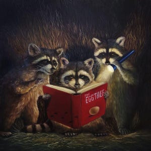 Backyard Gangster by Lucia Heffernan, Funny Raccoon Art, Whimsical Animal Wall Decor, Gift for Raccoon Lover, Cartoon Raccoon Art
