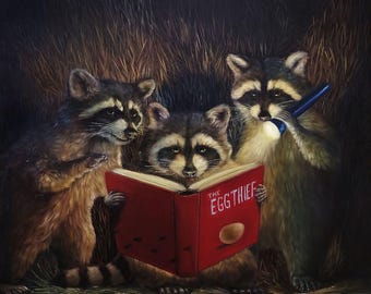 Backyard Gangster by Lucia Heffernan, Funny Raccoon Art, Whimsical Animal Wall Decor, Gift for Raccoon Lover, Cartoon Raccoon Art