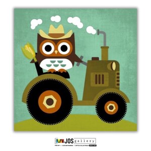 Owl on Tractor by Lee Nancy, Cute Animal Wall Art, Animal Art, Fun Animal Art Print, Owl Art for Kids, Art Print Fun, Room Decor
