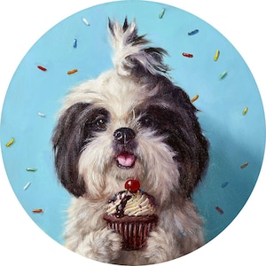 Birthday Girl by Lucia Heffernan, Shiatzu Art, Whimsical Animal Wall Decor, Gift for Dog Lover, Cartoon Art