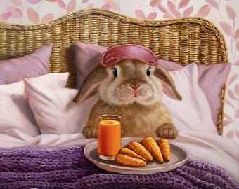 Hoppy Meal by Lucia Heffernan, Cute Bunny Art, Whimsical Animal Wall Decor, Gift for Bunny Lover, Cartoon Bunny Art