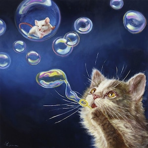 Blowing Bubbles by Lucia Heffernan, Cute Cat Art, Whimsical Animal Wall Decor, Gift for Cat Lover, Cartoon Animal Art
