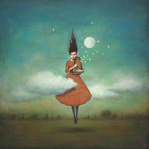May include: A woman with long dark hair floats on a cloud, playing a small wooden instrument. She is wearing a long orange dress and the moon is visible in the background.