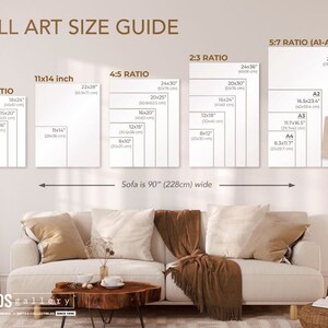 May include: A guide to wall art sizes with different aspect ratios, including 3:4, 4:5, 2:3, and 5:7. The guide shows the dimensions of each ratio in inches and centimetres. The image also shows a sofa and a floor lamp to help visualise the size of the art on a wall.