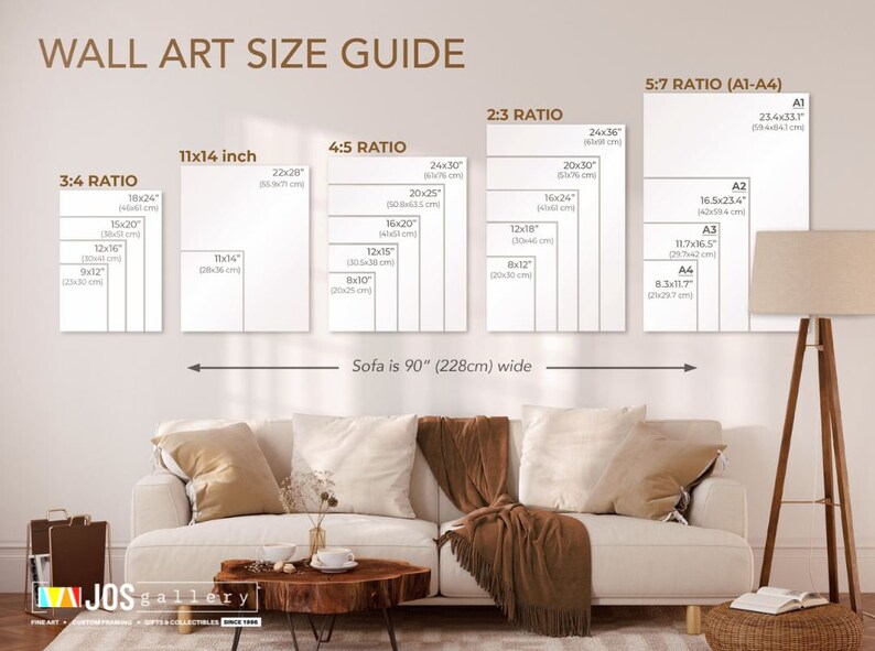 May include: A guide to wall art sizes with different aspect ratios, including 3:4, 4:5, 2:3, and 5:7. The guide shows the dimensions of each ratio in inches and centimetres. The image also shows a sofa and a floor lamp to help visualise the size of the art on a wall.