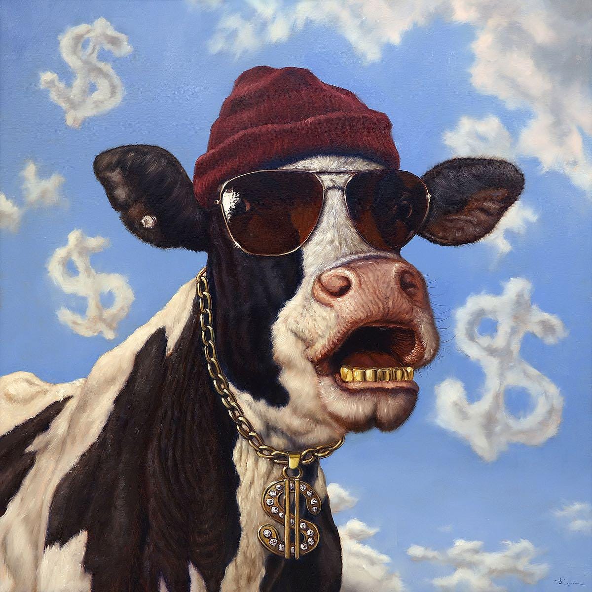 Cash Cow by Lucia Heffernan, Cartoon Cow Art, Whimsical Animal