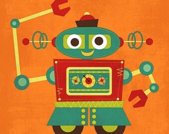 May include: A cartoon robot with a red, green, and yellow body, blue eyes, and a red hat. The robot has a large, round head and a small, rectangular body. The robot is holding a wrench in its right hand and a screwdriver in its left hand.